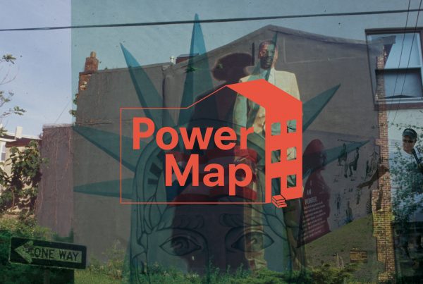 Graphic overlay of "Power Map" on a mural with a Statue of Liberty backdrop.