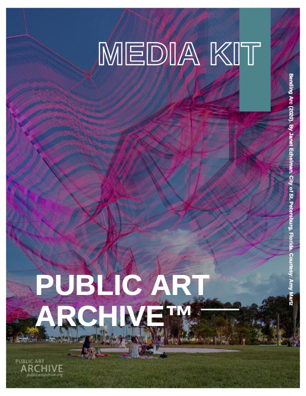 Cover of the Public Art Archive PDF media kit with a purple wavy public art piece on the cover.