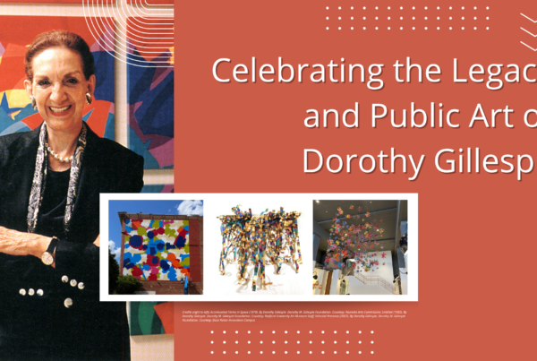 A picture of Dorothy Gillespie positioned on the left, featuring a dark maroon background. Below, three centered images showcase Dorothy's artworks.