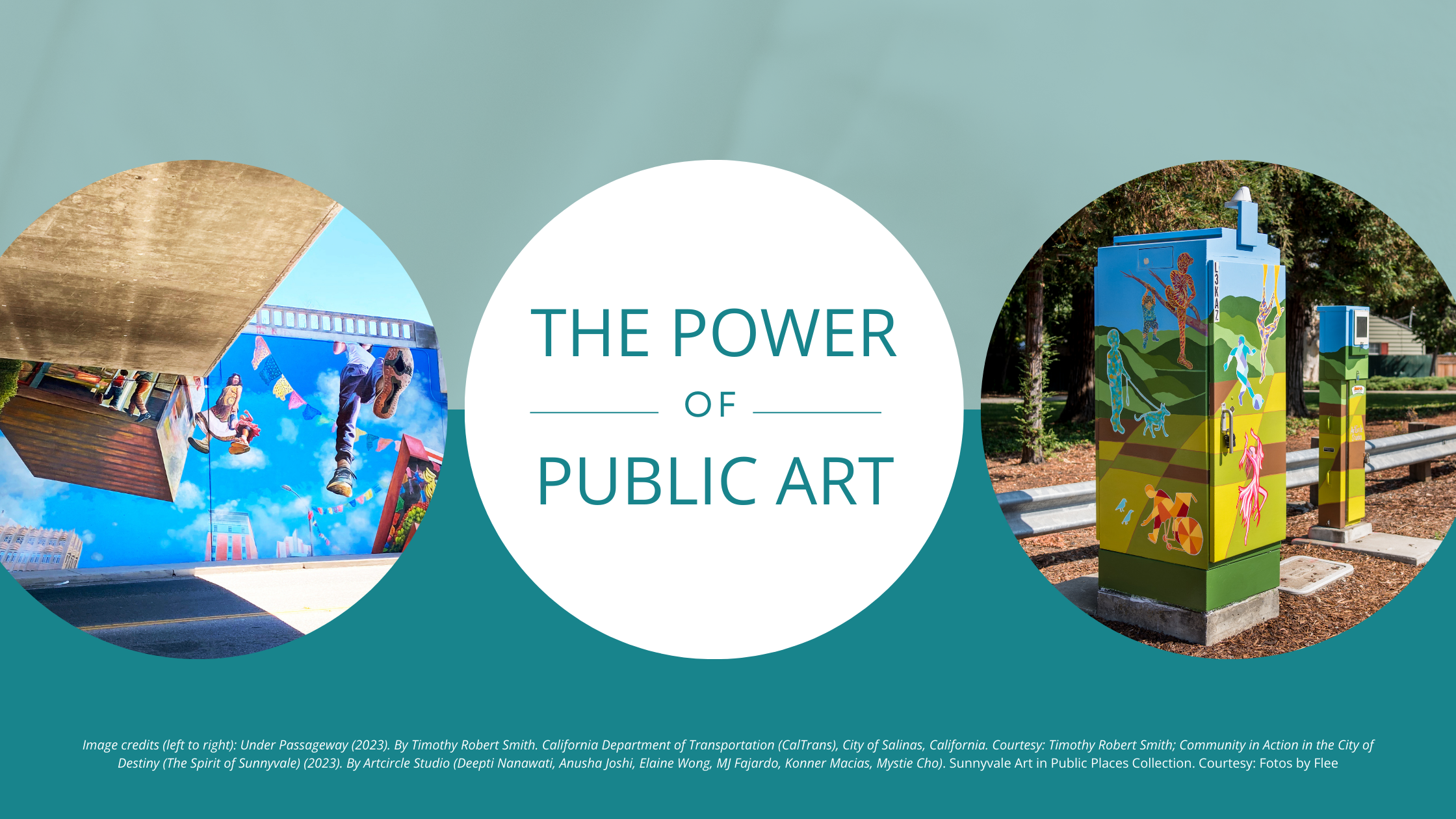 A dark and light teal rectangle with three circles placed on top. Two circles with images of public art and the middle circle says "The Power of Public Art"