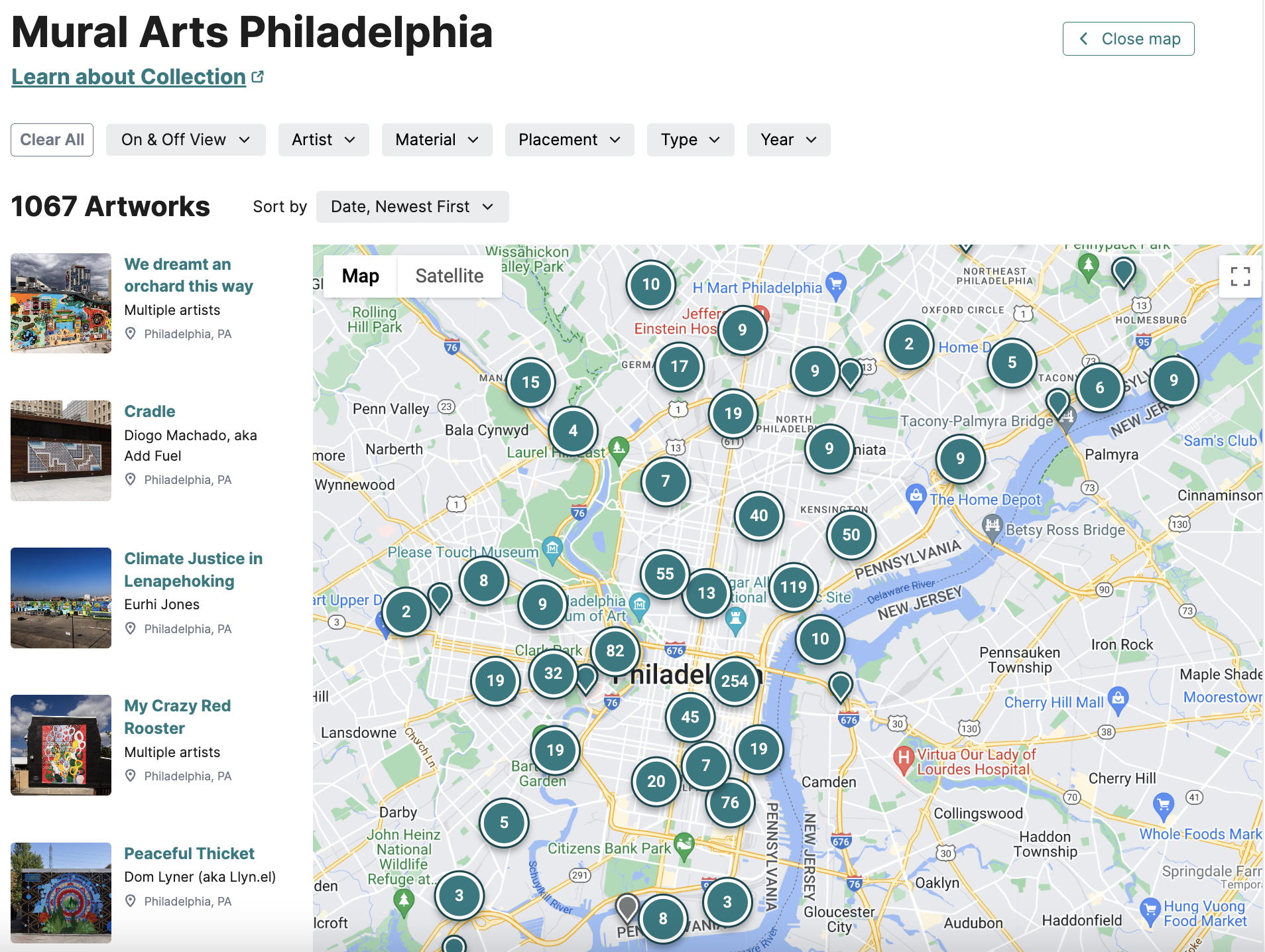 A screensht of Mural Arts public art collection map.
