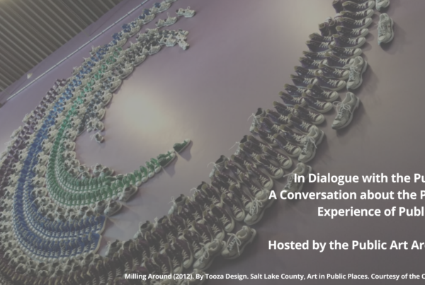 A wall installation of hundreds of sneakers arranged in a wave-like pattern, forming a rainbow of colors. The title card reads, "In Dialogue with the Public: A Conversation about the Public Experience of Public Art, Hosted by the Public Art Archive," and "Milling Around (2012). By Tooza Design. Salt Lake County, Art in Public Places. Courtesy of the Collection."