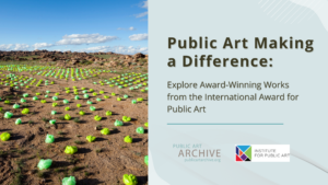 A landscape with green objects and text about public art.