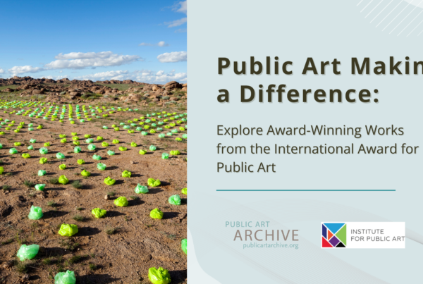 A landscape with green objects and text about public art.