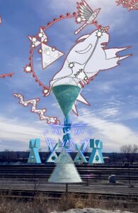 Digital art featuring a large blue cone-shaped structure and red line art designs in a cloudy sky.