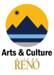 Circular logo image with silhouettes of mountains and a star in the sky. Underneath reads Arts & Culture City of Reno