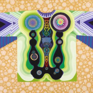 A boldly colorful stylized representation of a kimono-like garment with geometric shapes and patterns created with repeated forms, lines and dots