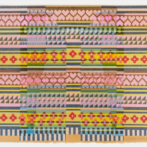 The pattern repeats similar to a garment, descending down the page, hearts, triangles, flowers, hearts, triangles flowers.