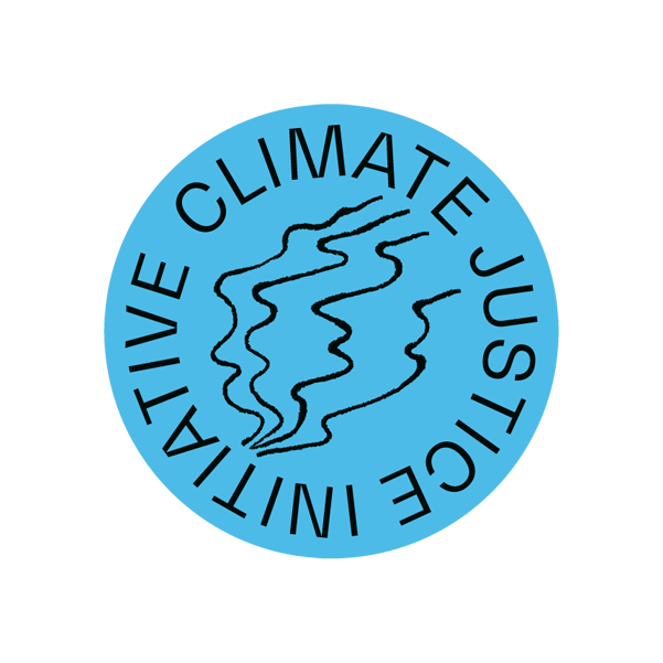 Blue circular badge that reads Climate Justice Initiative around the diameter of the circle. Illustration of wind with squiggly lines appears in the middle of the circle.