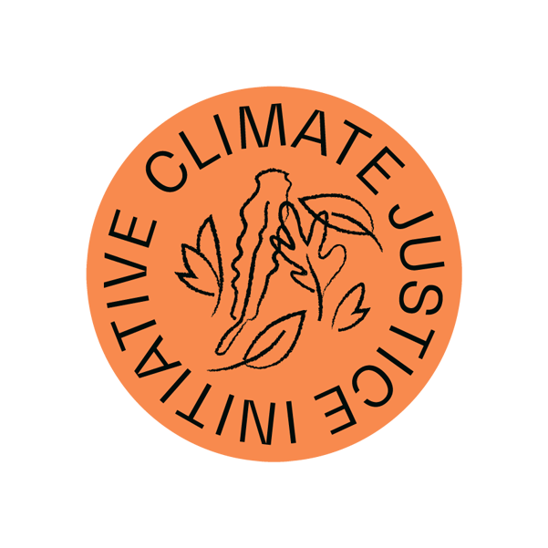 Orange circle badge with text that reads Climate Justice Initiative in a circle aligning the diameter. Illustrations of leaves in the middle of the circle.