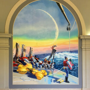 Painting of a person in a lifejacket on a boat that is rocking with the sea in the background and a rainbow sunset with a large moon.
