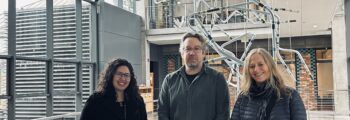 <h3>2024, Rob Ley (center) stands with Martina Oxoby (left) and Peg Butler (right) in front of his sculpture Synapse at University of Oregon Lewis Integrated Science Building</h3>