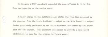 <h3>1977, Document explaining legislative amendments to state arts programs including the geographic expansion for Oregon’s public art program</h3>