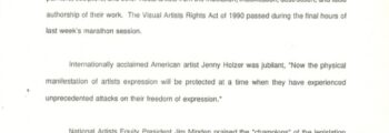 <h3>October 30th 1990, Press release from National Artists Equity Association announcing that the Visual Artists Rights Bill passed in congress</h3>