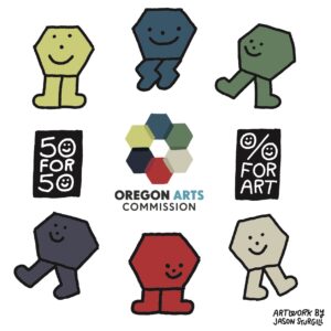 Colorful characters with smiling facings placed around oregon arts commission logo
